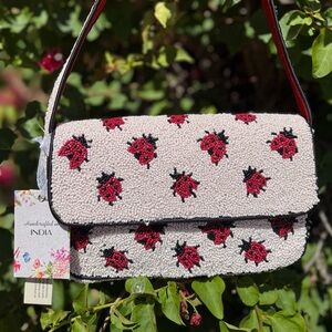 NWT Made in India Ladybug Black Red White Spring Summer Beaded Shoulder Bag